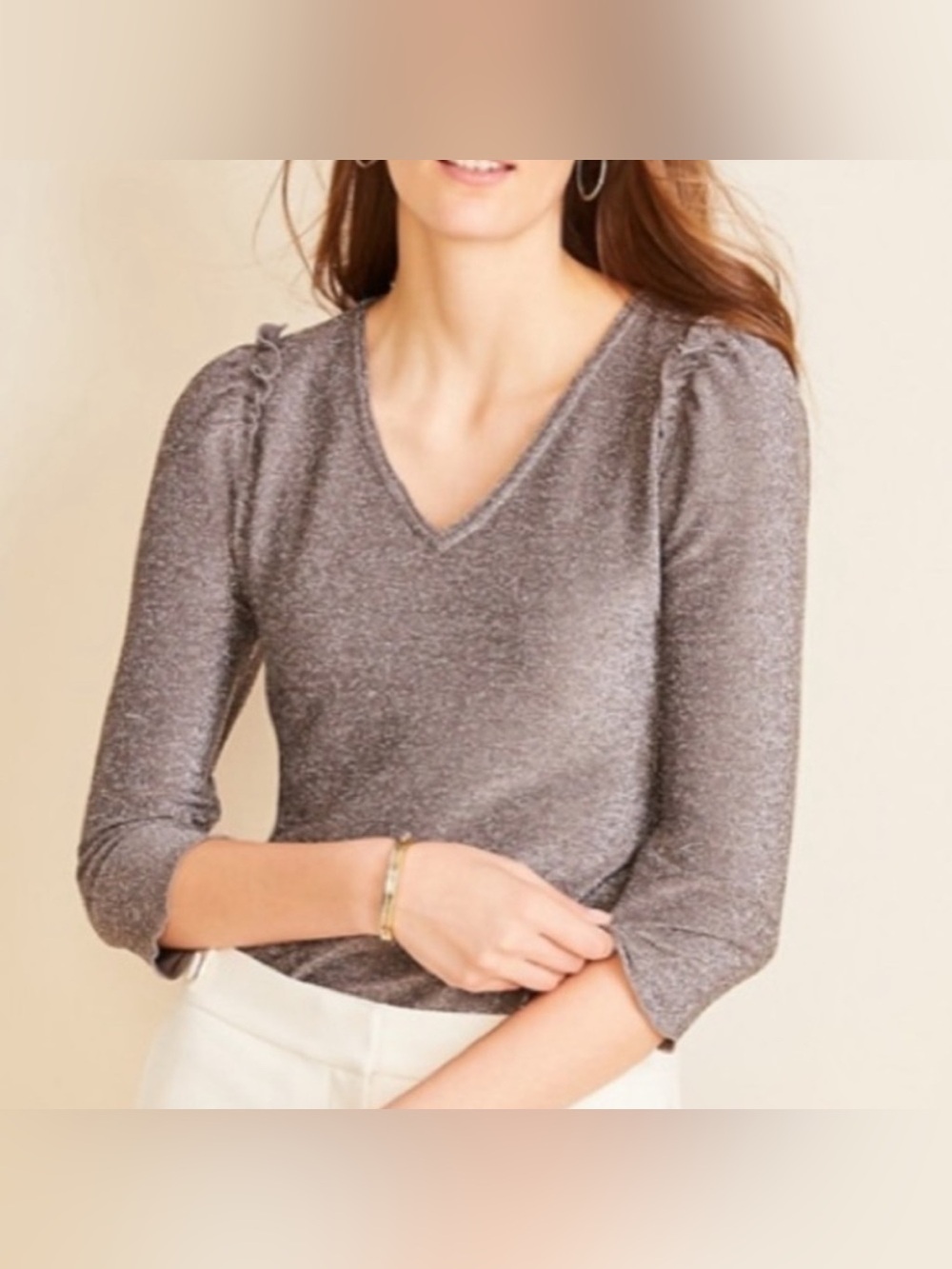 NWT Ann Taylor Metallic Silver V-Neck Puff-Shoulder Sweater Size XL
